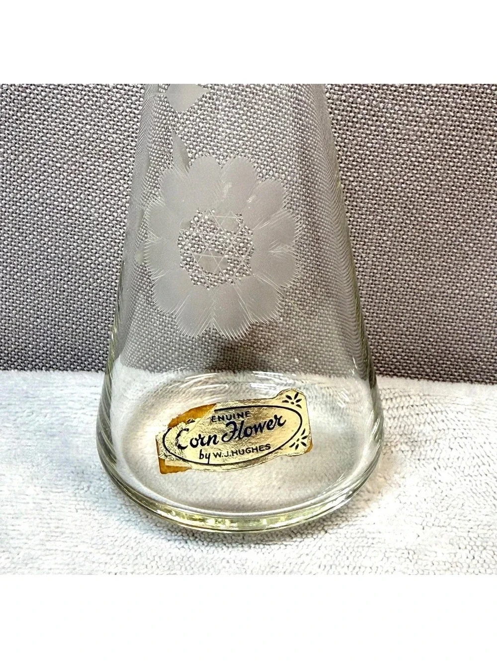 Vintage Hughes Corn Flower Glass Bud Vase with Original Foil Sticker - 8 Inch